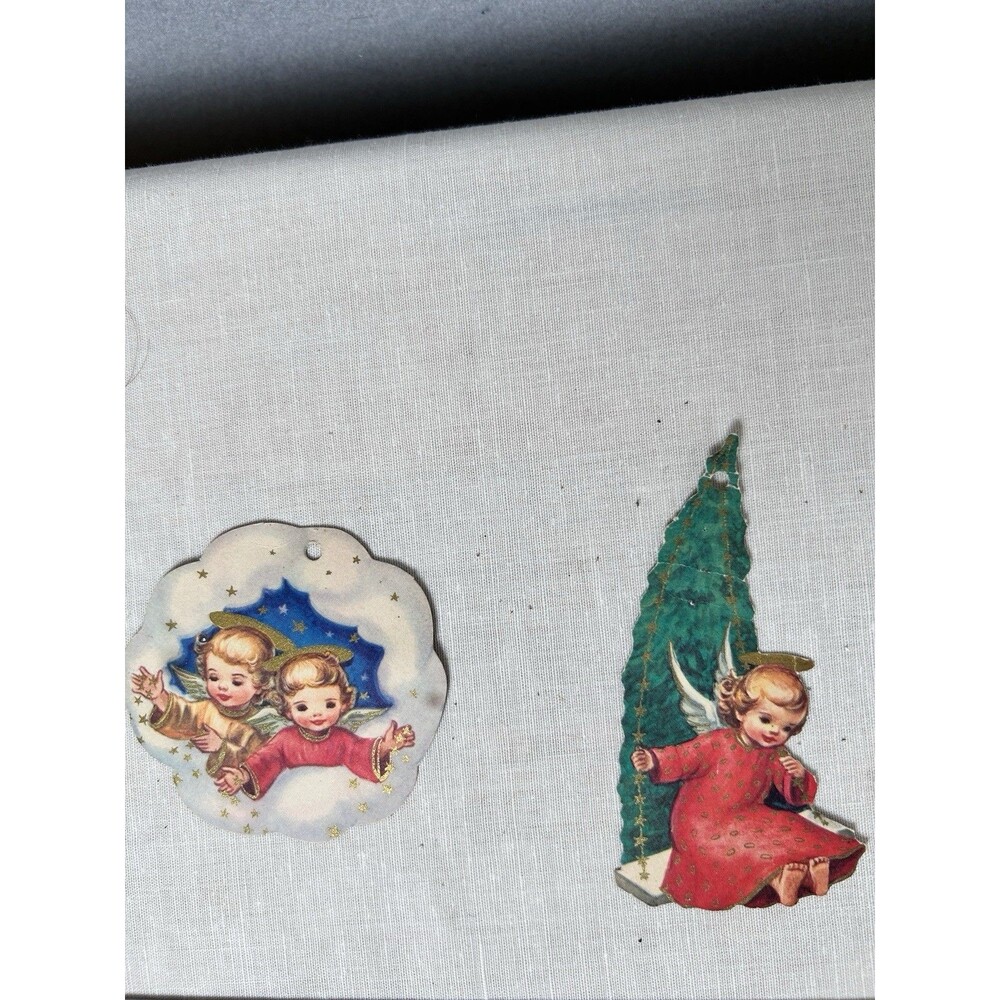VTG Christmas Ornaments Set Of 6, 2 Sided Paper Ephemera 50's Angels Craft Tag